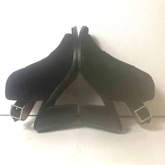 Frye Black Suede Ankle Bootie High Heels Wrap Women's Size 8.5 B Peep Toe Buckle - Picture 4 of 11